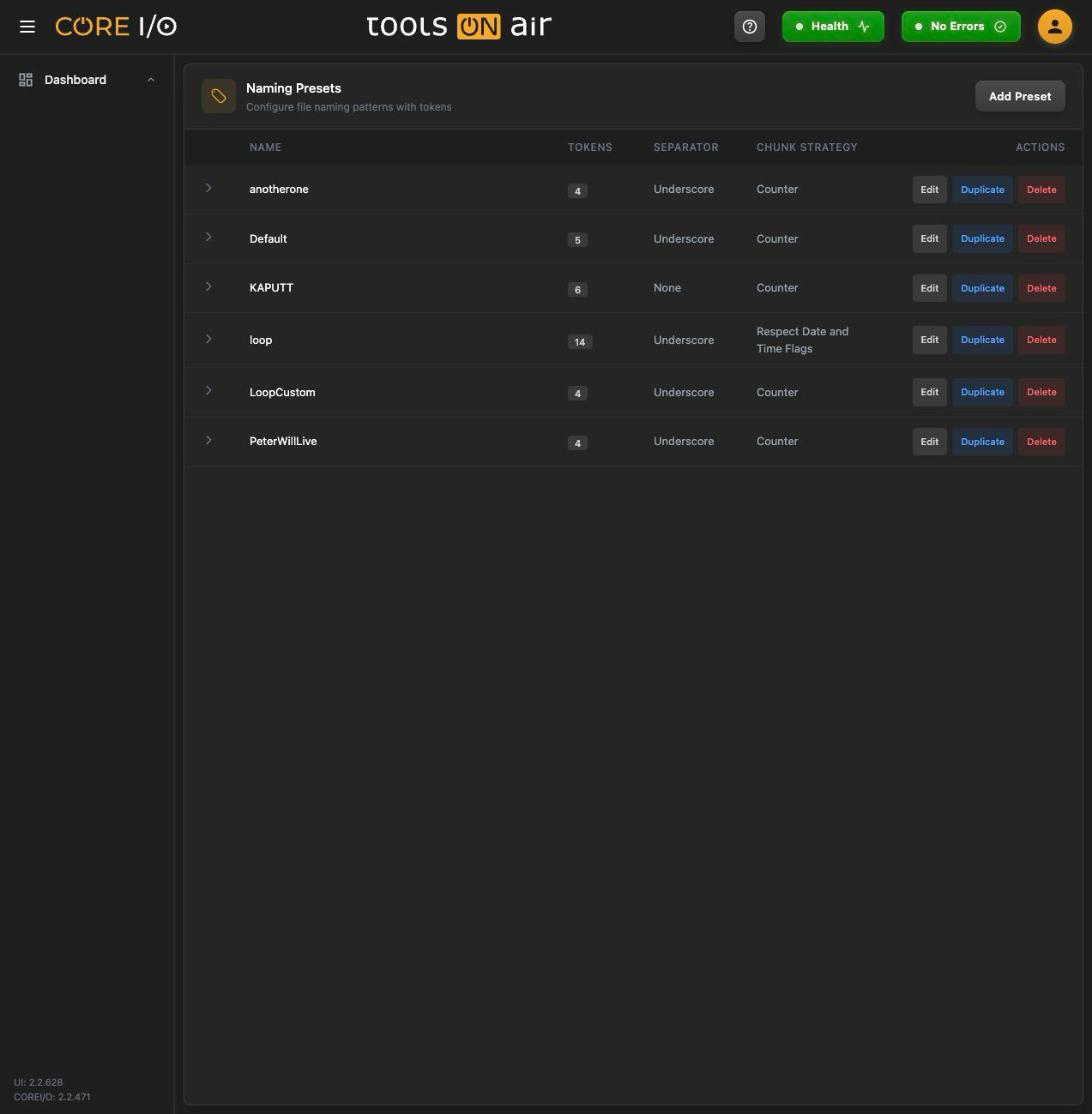 Naming Presets - Opening the page interface