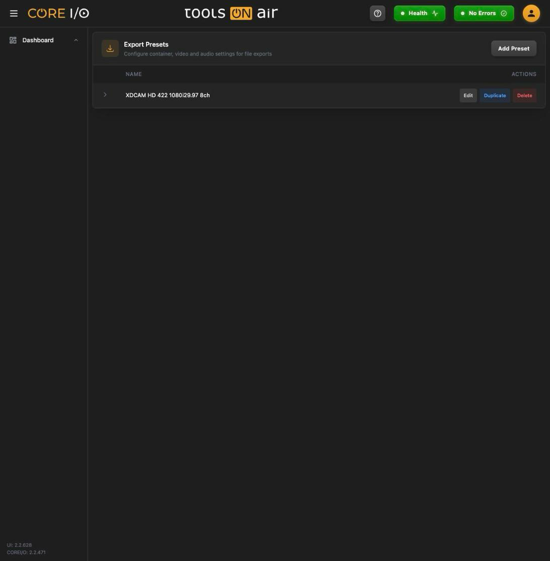 Export Presets - Opening the page interface