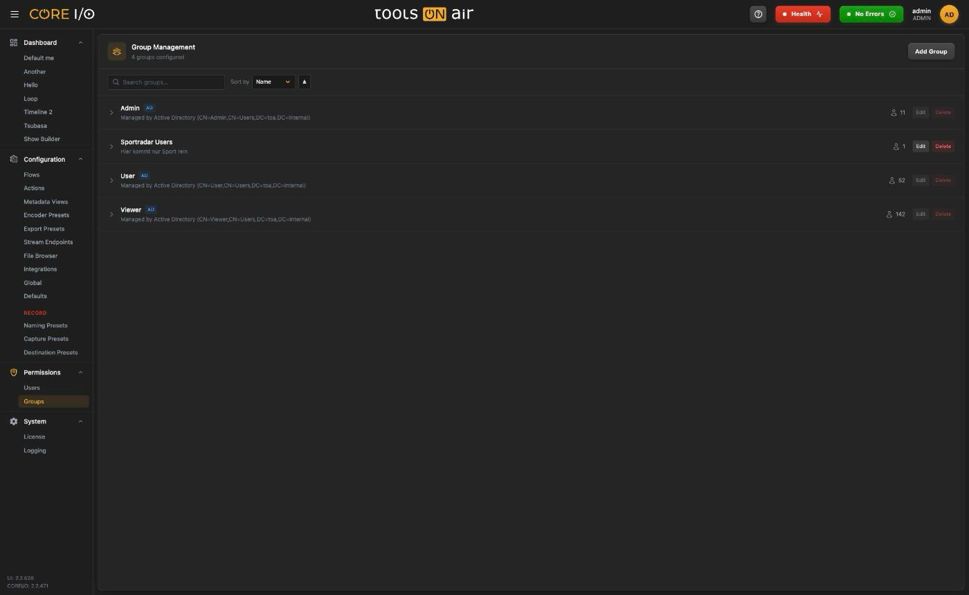Groups - Creating, editing and deleting groups interface