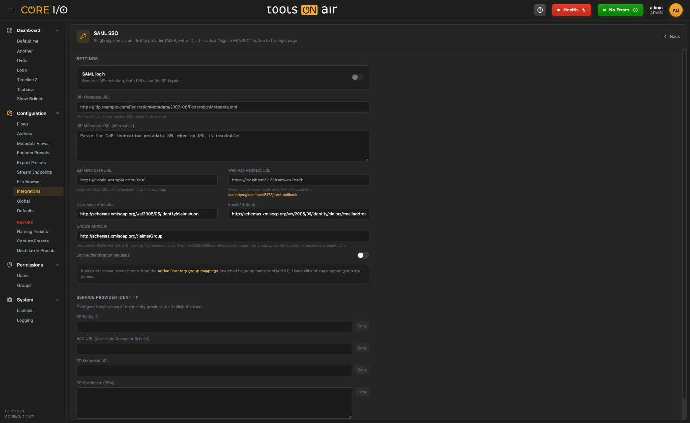 SAML settings and service provider identity
