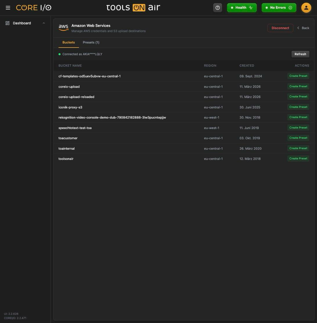 Amazon Web Services - Buckets tab for a connected account