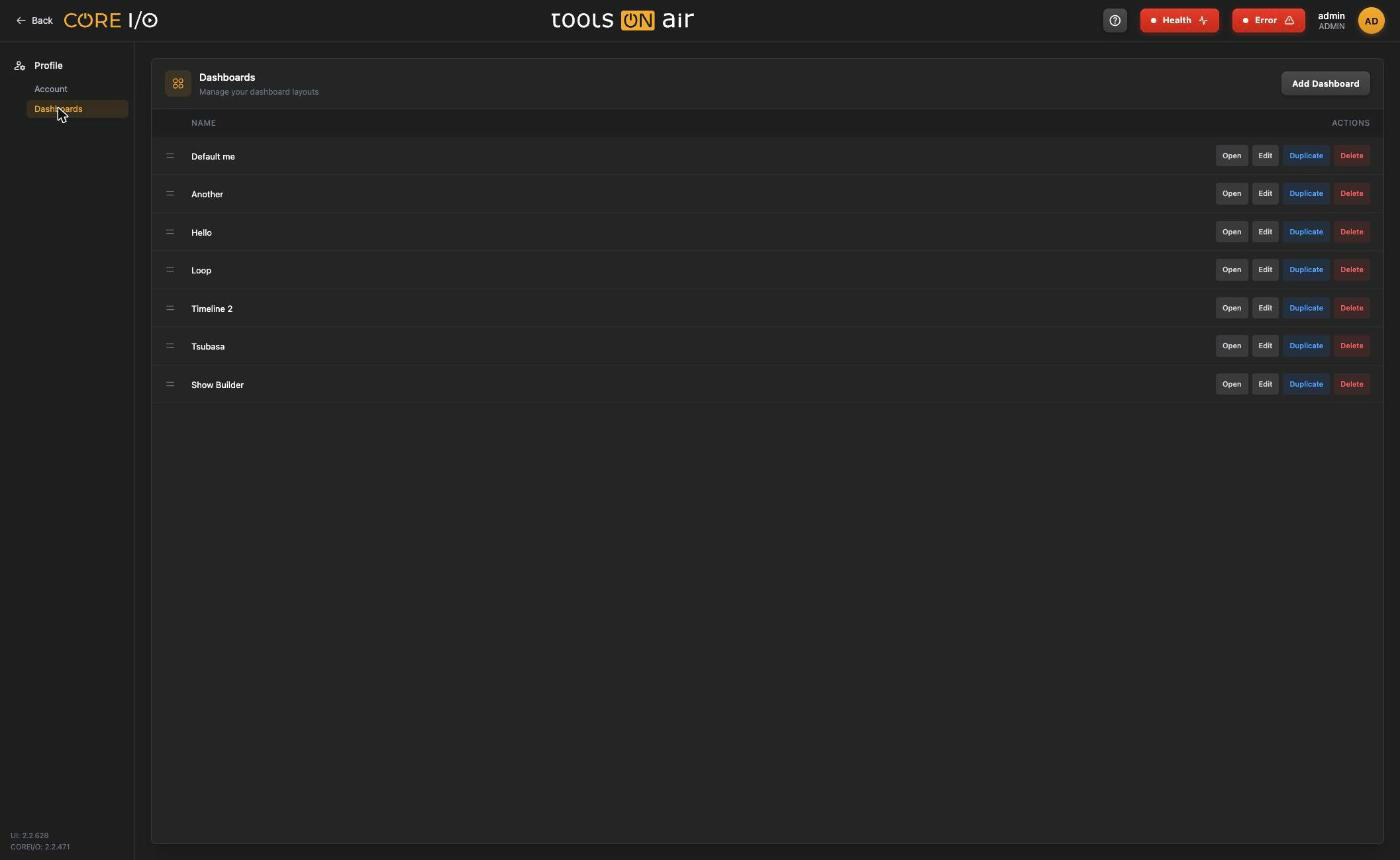 Profile and Dashboard Management - Managing dashboards interface
