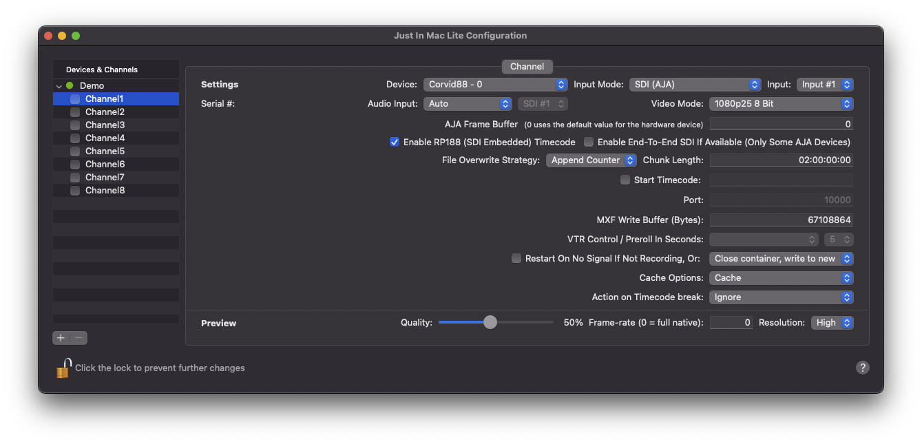 Channel Settings AJA v.6.0 screenshot