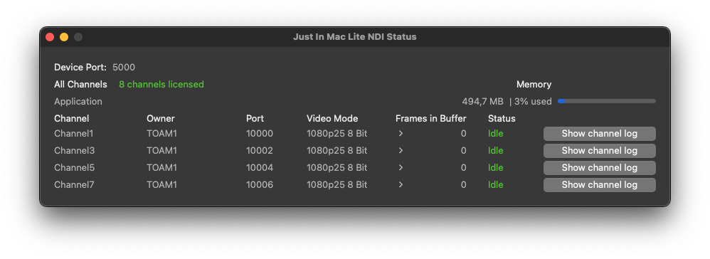 Diagnostics Window ("Just In Mac Lite NDI Status") v.2025.x screenshot 1