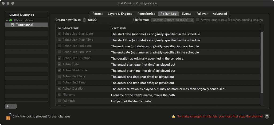 12.7 Channel - As Run-log Tab (v.4.x) screenshot