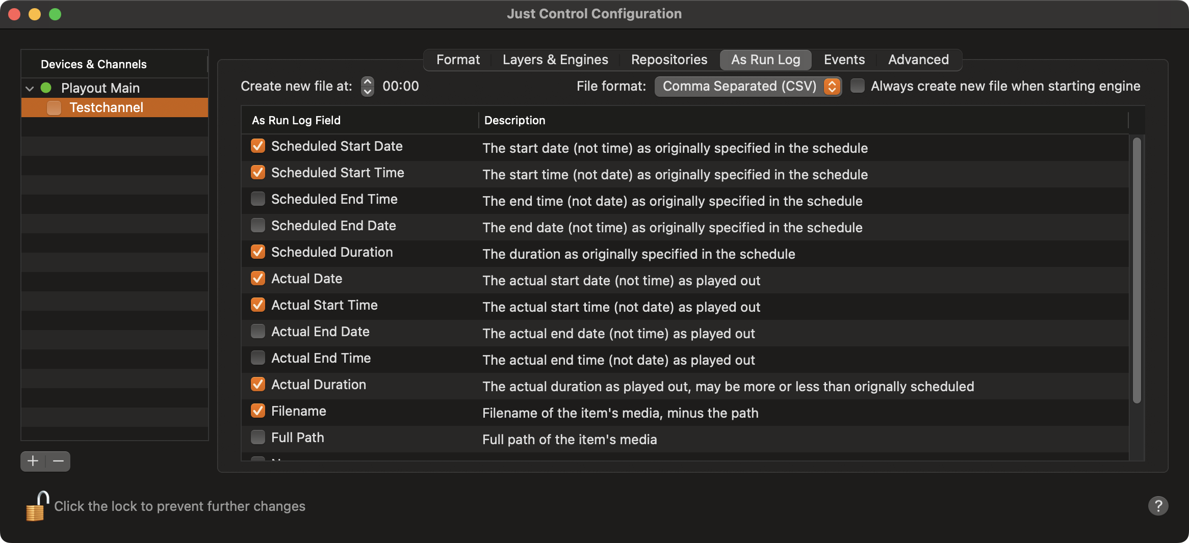 12.7 Channel - As Run-log Tab (v.2025.x) screenshot