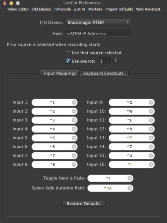 6.6 I/O Device With Blackmagic ATEM: Keyboard Shortcuts screenshot